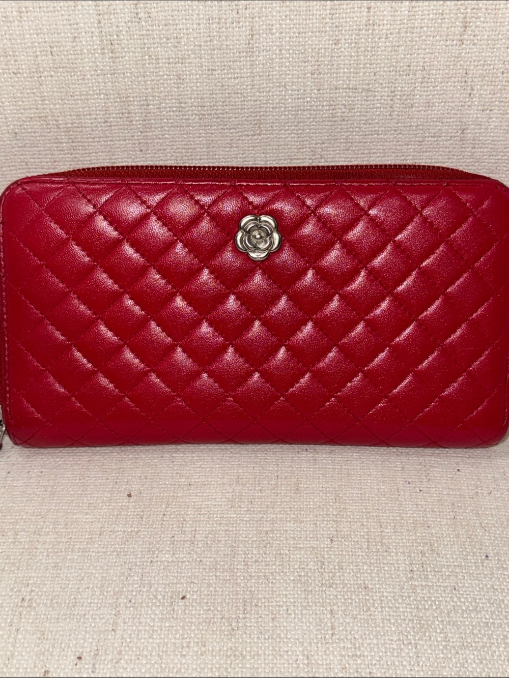 Dior Quilted Red Zip-Around Wallet with Silver Camellia